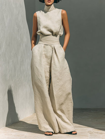 Emma | Turtleneck Sleeveless Top Wide Leg Pants Linen Blend Two Piece Set