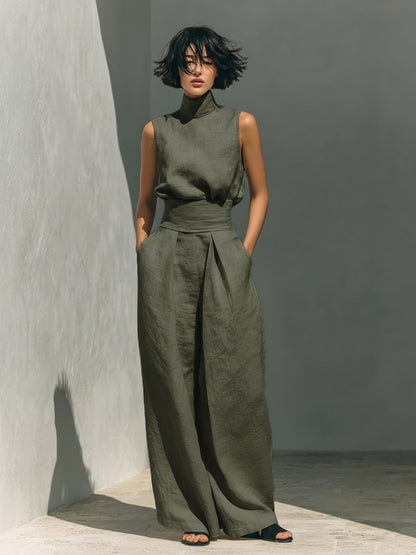 Emma | Turtleneck Sleeveless Top Wide Leg Pants Linen Blend Two Piece Set