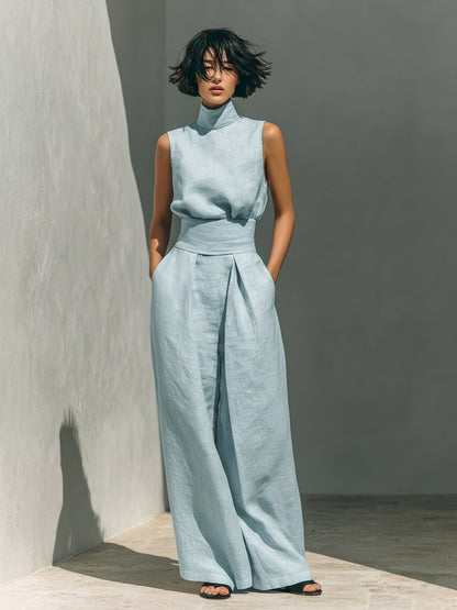 Emma | Turtleneck Sleeveless Top Wide Leg Pants Linen Blend Two Piece Set
