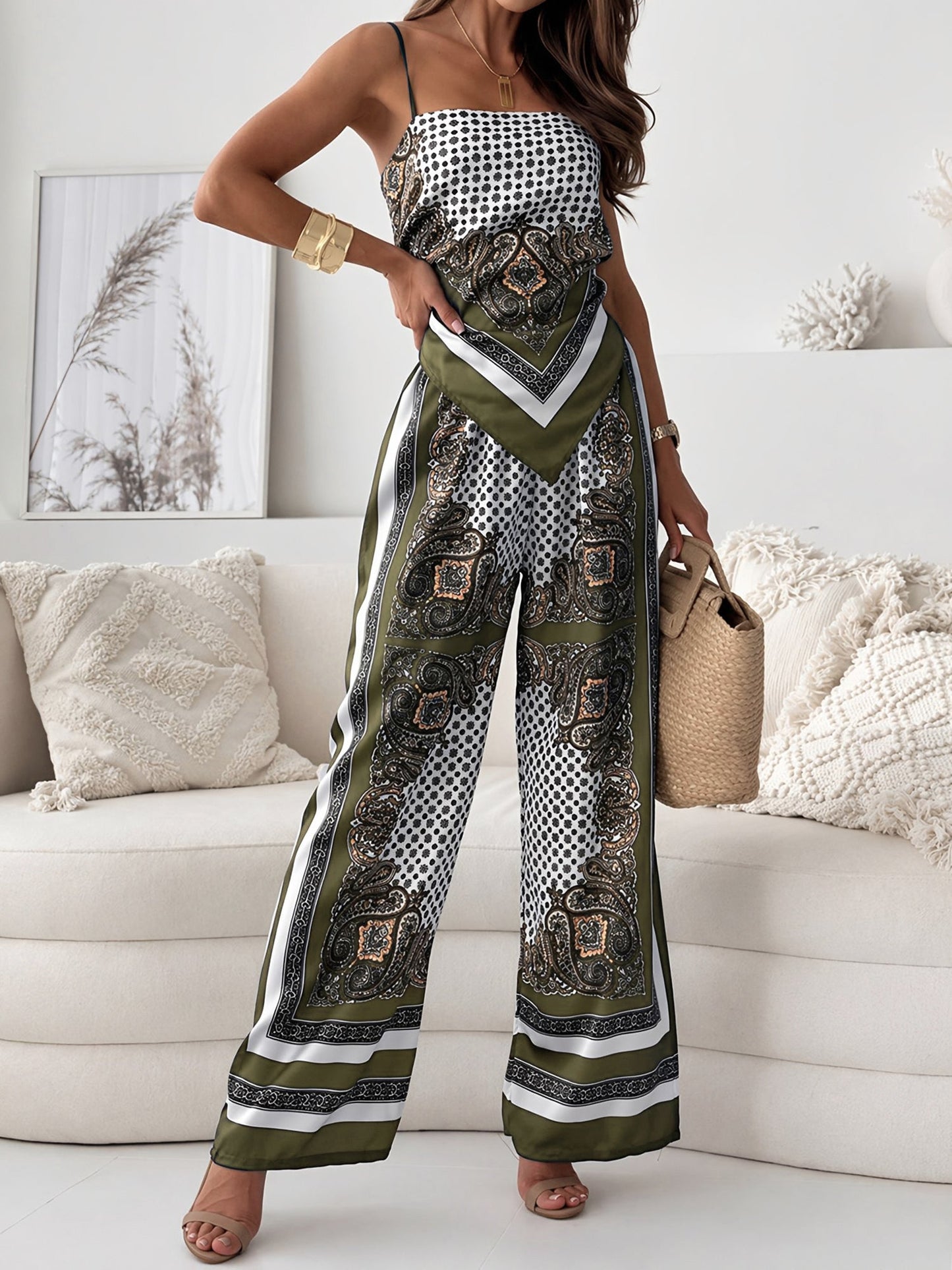 Paisley | Women's Boho Print Backless Crop Top Wide Leg Pant Set