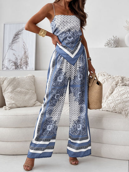 Paisley | Women's Boho Print Backless Crop Top Wide Leg Pant Set