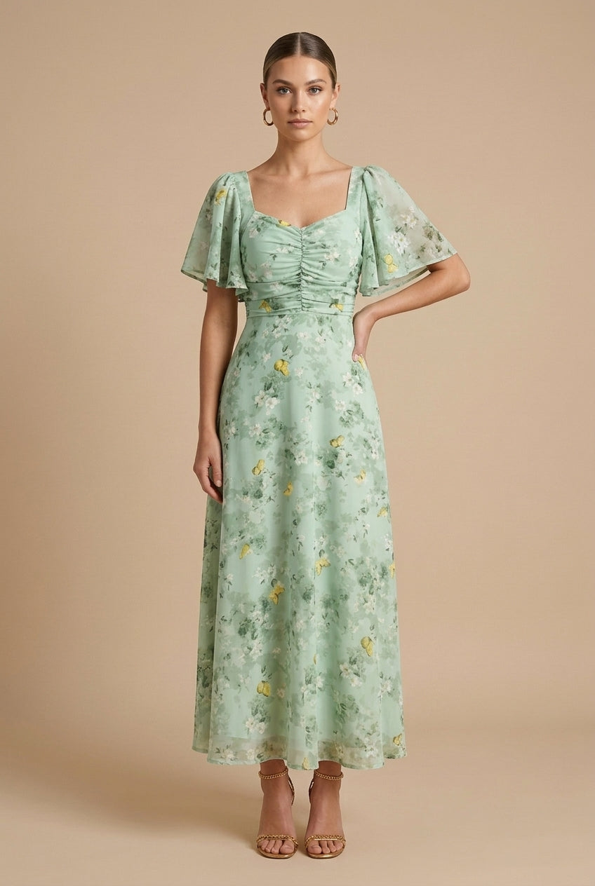 Marigold | Women's Floral Square Neck Flutter Sleeve Maxi Dress