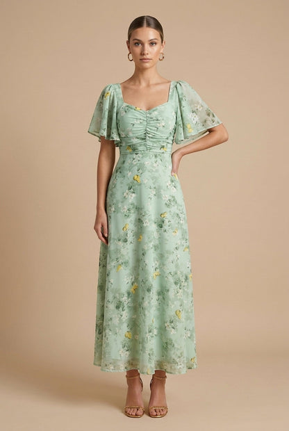 Marigold | Women's Floral Square Neck Flutter Sleeve Maxi Dress