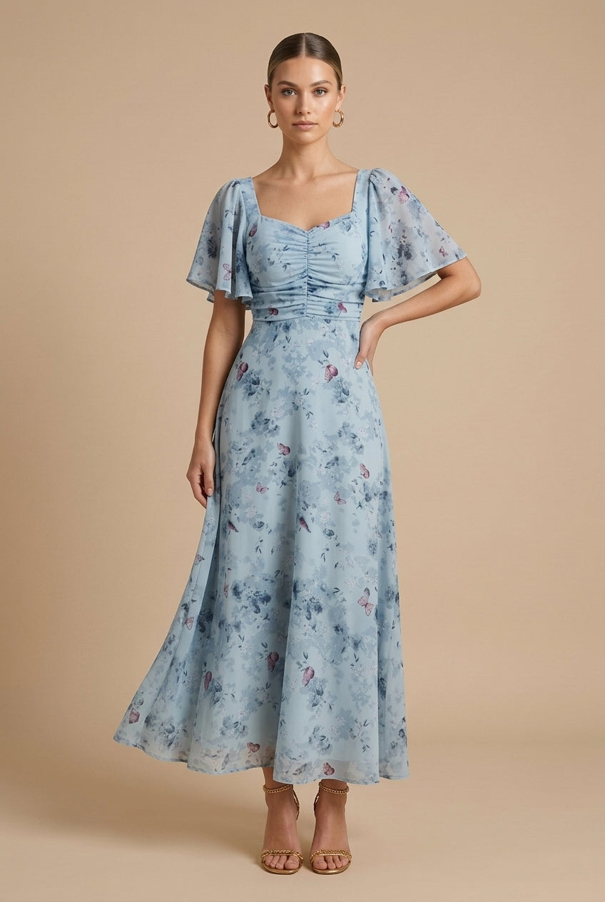 Marigold | Women's Floral Square Neck Flutter Sleeve Maxi Dress