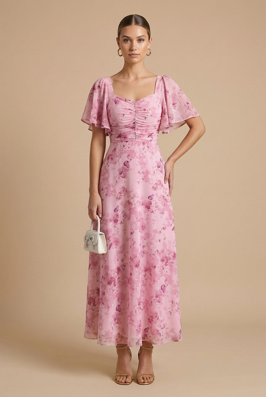 Marigold | Women's Floral Square Neck Flutter Sleeve Maxi Dress