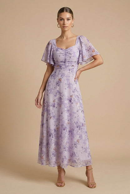 Marigold | Women's Floral Square Neck Flutter Sleeve Maxi Dress