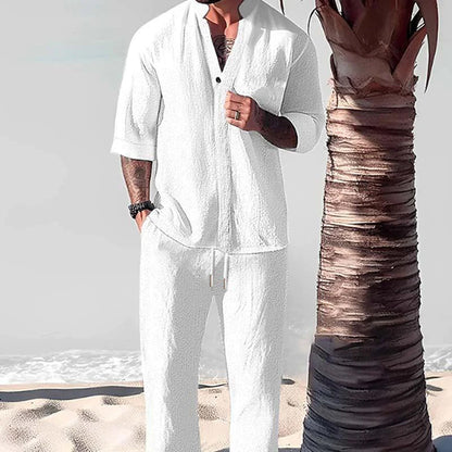 Dorian | V Neck 3/4 Sleeve Drawstring Pants Linen Blend Two Piece Set