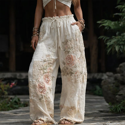 Rosie | Floral Embroidered Elastic Waist Wide Leg Casual Pants