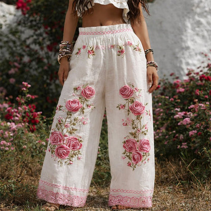 Rosie | Floral Embroidered Elastic Waist Wide Leg Casual Pants