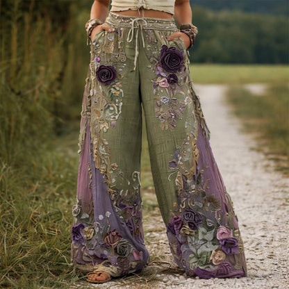Rosie | Floral Embroidered Elastic Waist Wide Leg Casual Pants