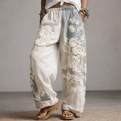 Rosie | Floral Embroidered Elastic Waist Wide Leg Casual Pants