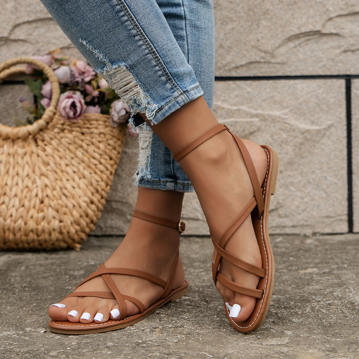 Bella | Criss Cross Strappy Ankle Strap Flat Orthopedic Sandal