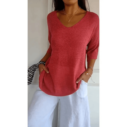 Fiona | V Neck Relaxed 3/4 Sleeve Lightweight Casual Top