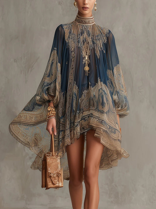 Ava | Women's Baroque Print High Neck Chiffon Asymmetric Cocktail Dress