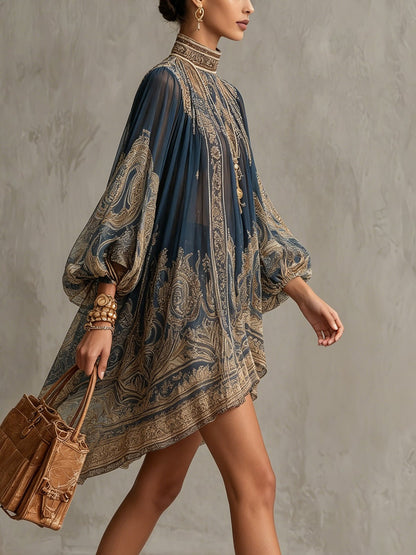 Ava | Women's Baroque Print High Neck Chiffon Asymmetric Cocktail Dress