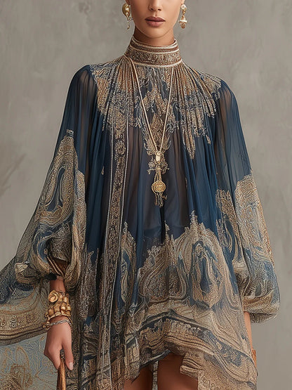 Ava | Women's Baroque Print High Neck Chiffon Asymmetric Cocktail Dress