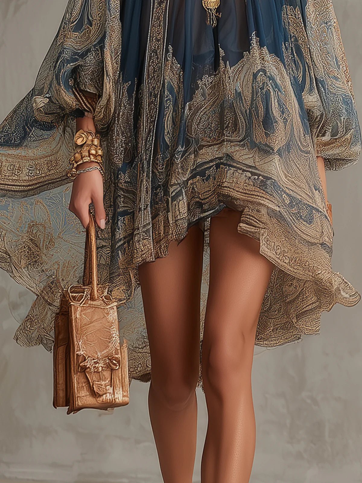 Ava | Women's Baroque Print High Neck Chiffon Asymmetric Cocktail Dress