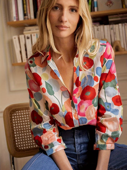 Poppy | Floral Print Spread Collar Long Sleeve Oversized Blouse