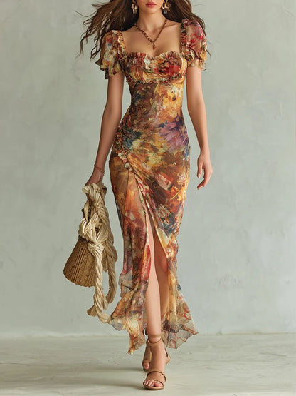 Mia | Women's Floral Ruffle Sweetheart Chiffon Boho Maxi Dress