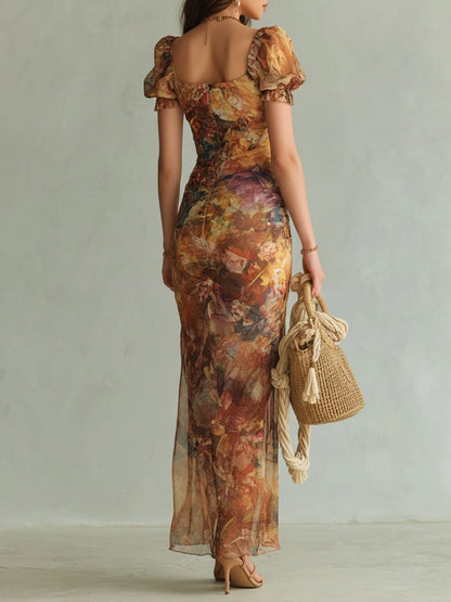 Mia | Women's Floral Ruffle Sweetheart Chiffon Boho Maxi Dress
