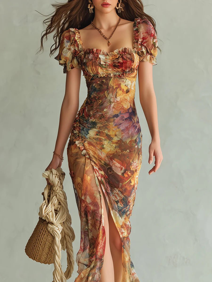 Mia | Women's Floral Ruffle Sweetheart Chiffon Boho Maxi Dress