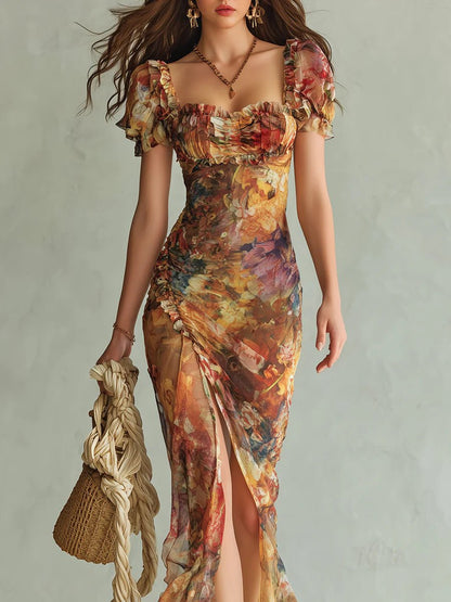 Mia | Women's Floral Ruffle Sweetheart Chiffon Boho Maxi Dress