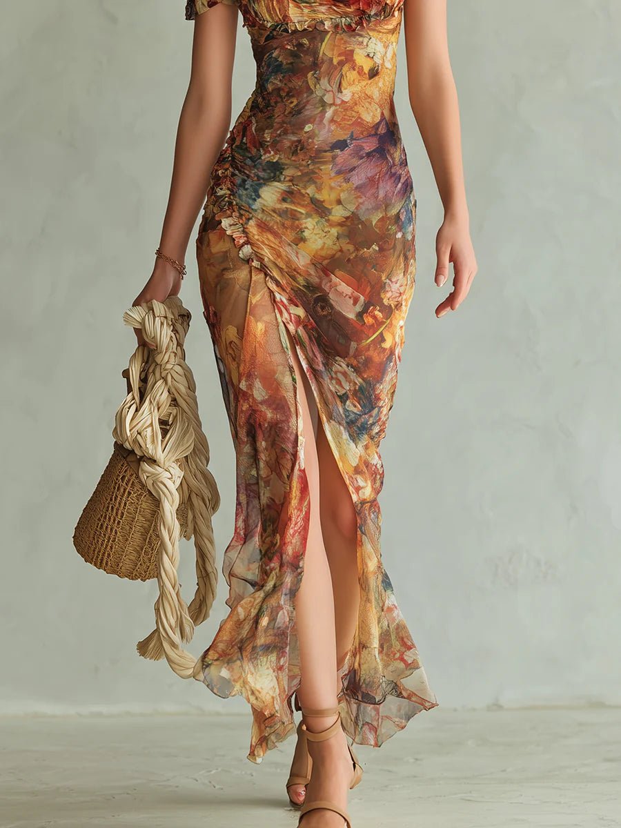 Mia | Women's Floral Ruffle Sweetheart Chiffon Boho Maxi Dress