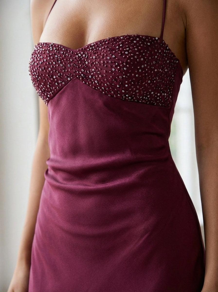 Seraphina | Women's Beaded Halter Satin Formal Evening Maxi Dress