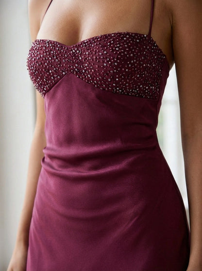 Seraphina | Women's Beaded Halter Satin Formal Evening Maxi Dress