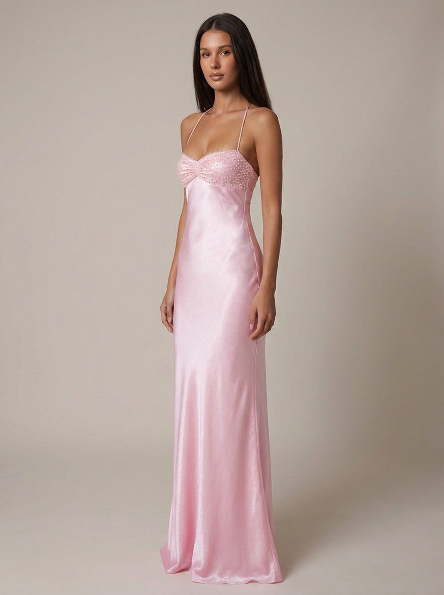 Seraphina | Women's Beaded Halter Satin Formal Evening Maxi Dress