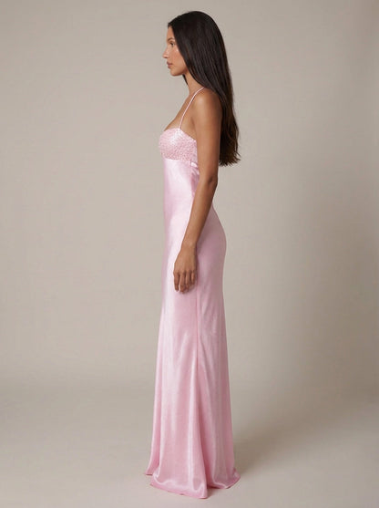 Seraphina | Women's Beaded Halter Satin Formal Evening Maxi Dress