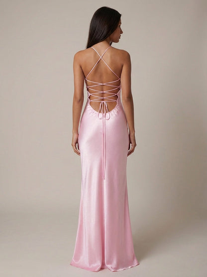 Seraphina | Women's Beaded Halter Satin Formal Evening Maxi Dress