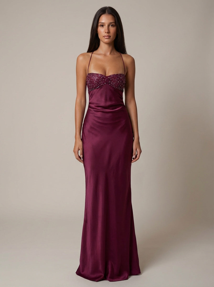 Seraphina | Women's Beaded Halter Satin Formal Evening Maxi Dress