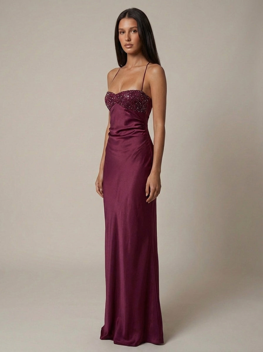Seraphina | Women's Beaded Halter Satin Formal Evening Maxi Dress