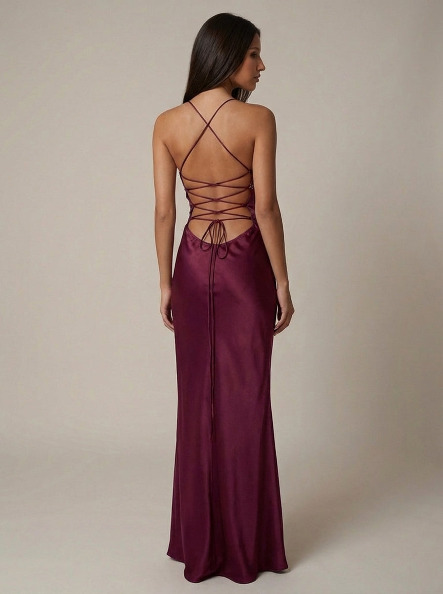 Seraphina | Women's Beaded Halter Satin Formal Evening Maxi Dress