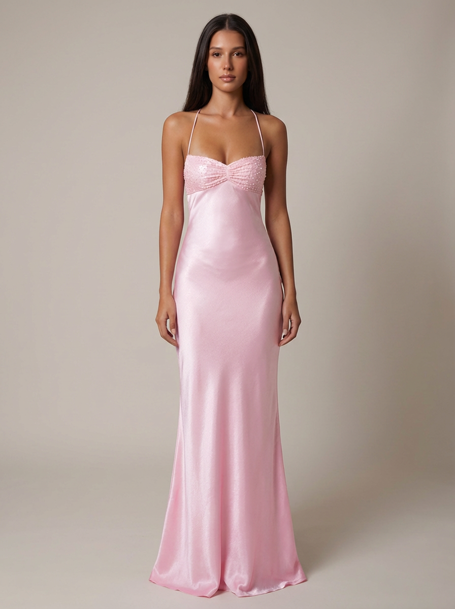 Seraphina | Women's Beaded Halter Satin Formal Evening Maxi Dress