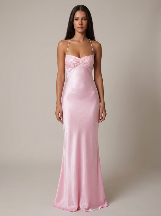 Seraphina | Women's Beaded Halter Satin Formal Evening Maxi Dress
