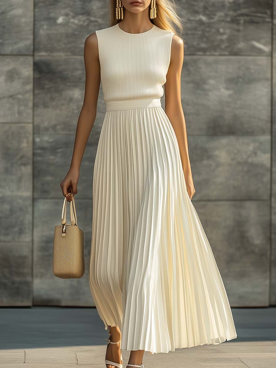 Evelyn | Women's Sleeveless Knit Pleated Chiffon Elegant Maxi Dress