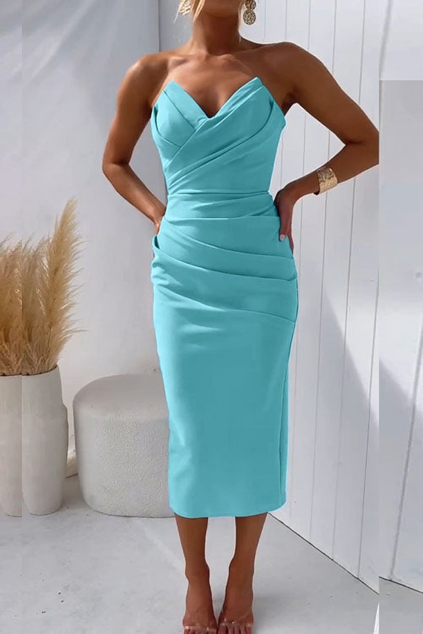 Camille | Women's Strapless Draped Sweetheart Formal Wedding Guest Midi Dress