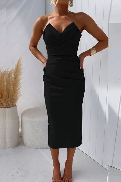 Camille | Women's Strapless Draped Sweetheart Formal Wedding Guest Midi Dress