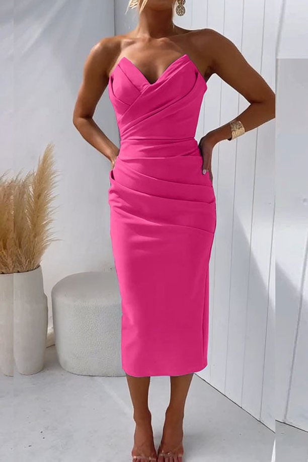 Camille | Women's Strapless Draped Sweetheart Formal Wedding Guest Midi Dress