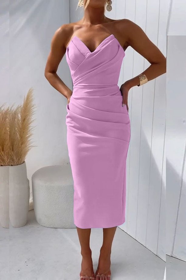 Camille | Women's Strapless Draped Sweetheart Formal Wedding Guest Midi Dress