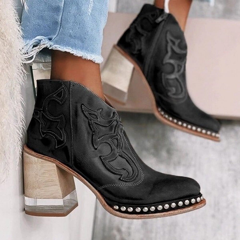 Phoebe | Women's Studded Western Embroidered Block Heel Ankle Boots