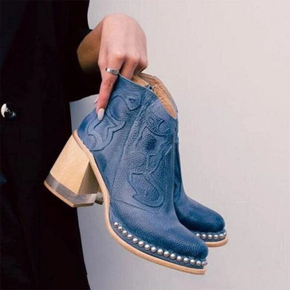 Phoebe | Women's Studded Western Embroidered Block Heel Ankle Boots
