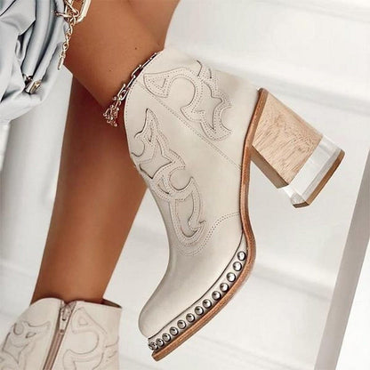 Phoebe | Women's Studded Western Embroidered Block Heel Ankle Boots