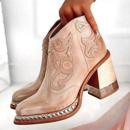 Phoebe | Women's Studded Western Embroidered Block Heel Ankle Boots