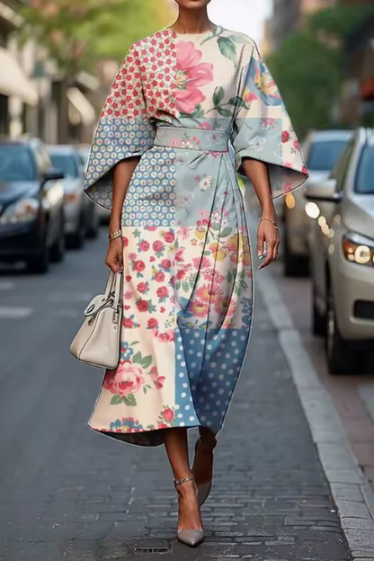 Flora | Floral Print Kimono Sleeve Belted Midi Wedding Guest Dress