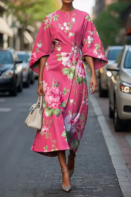 Flora | Floral Print Kimono Sleeve Belted Midi Wedding Guest Dress