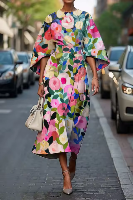 Flora | Floral Print Kimono Sleeve Belted Midi Wedding Guest Dress