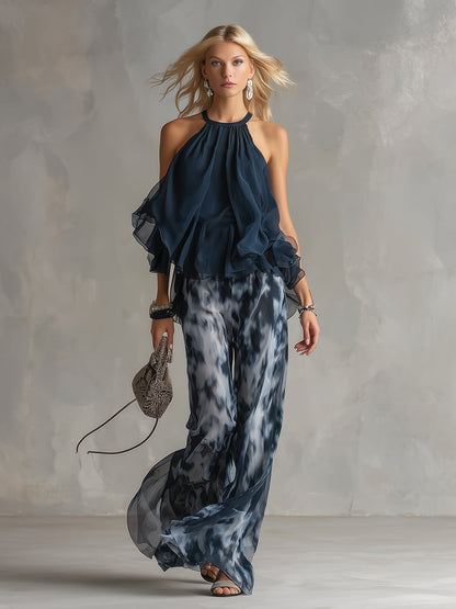 Zephyra | Halter Neck Ruffle Top Tie Dye Print Wide Leg Two Piece Set